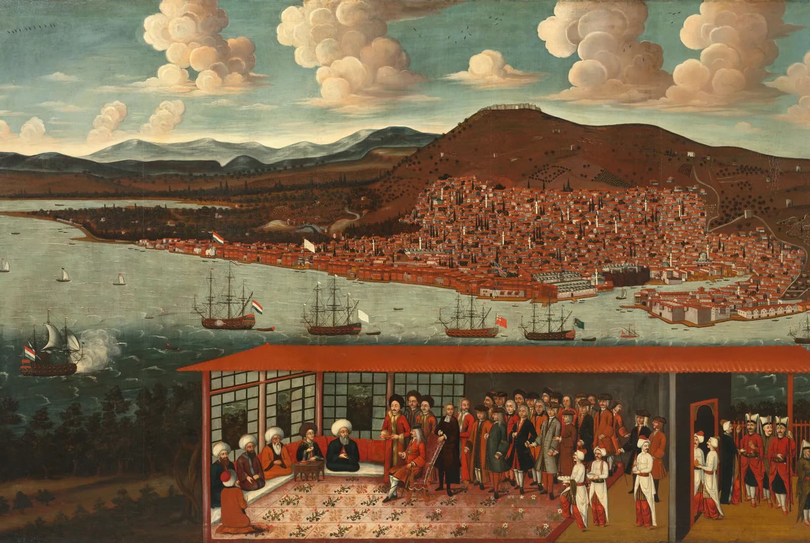 Gezicht op Smyrna (Izmir), met op de voorgrond een ontvangst