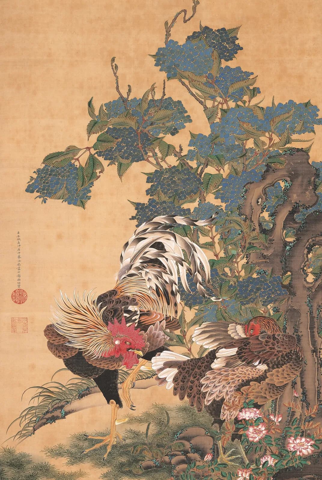 Haan en hen met hortensia's – Ito Jakuchu