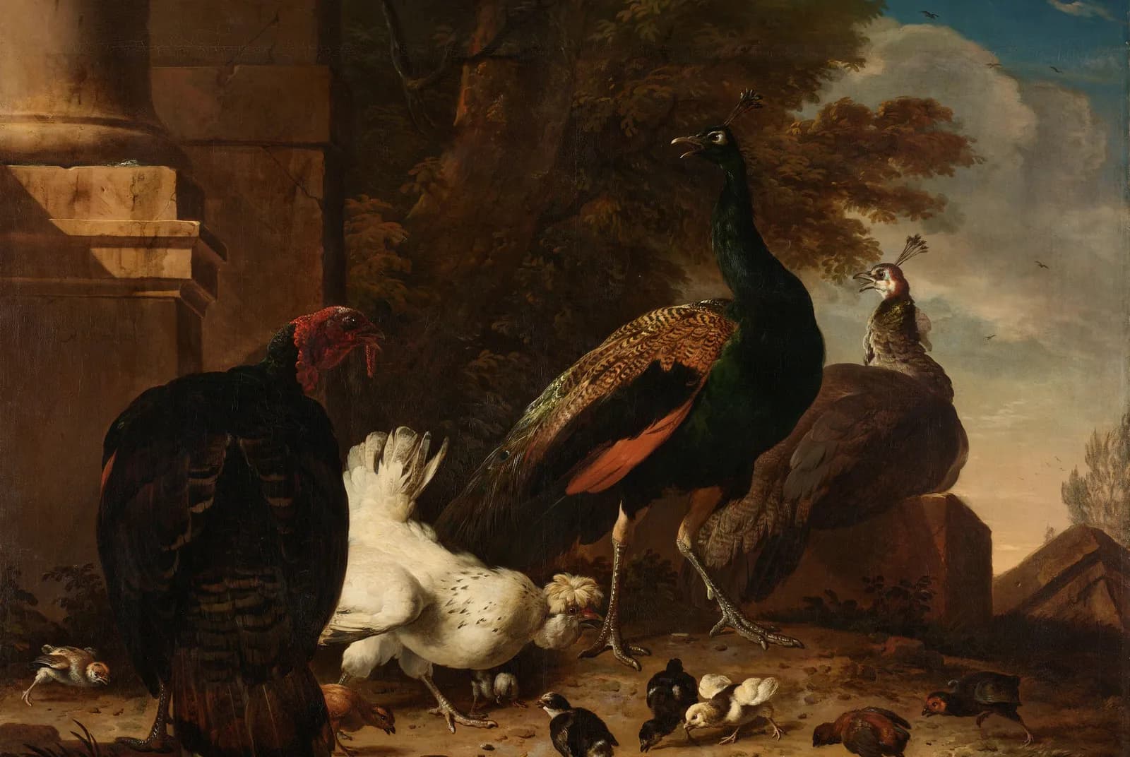 Hen met pauwen en een kalkoen – Melchior d'Hondecoeter