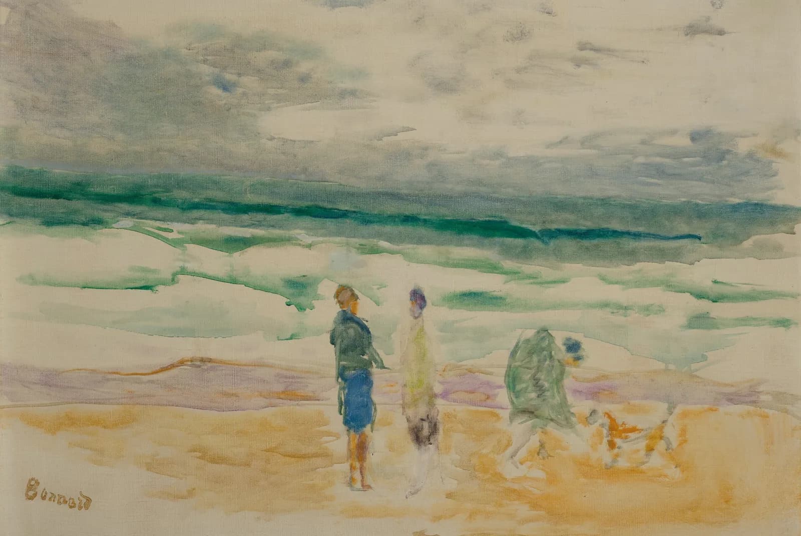 Het strand, drie figuren en een hond – Pierre Bonnard