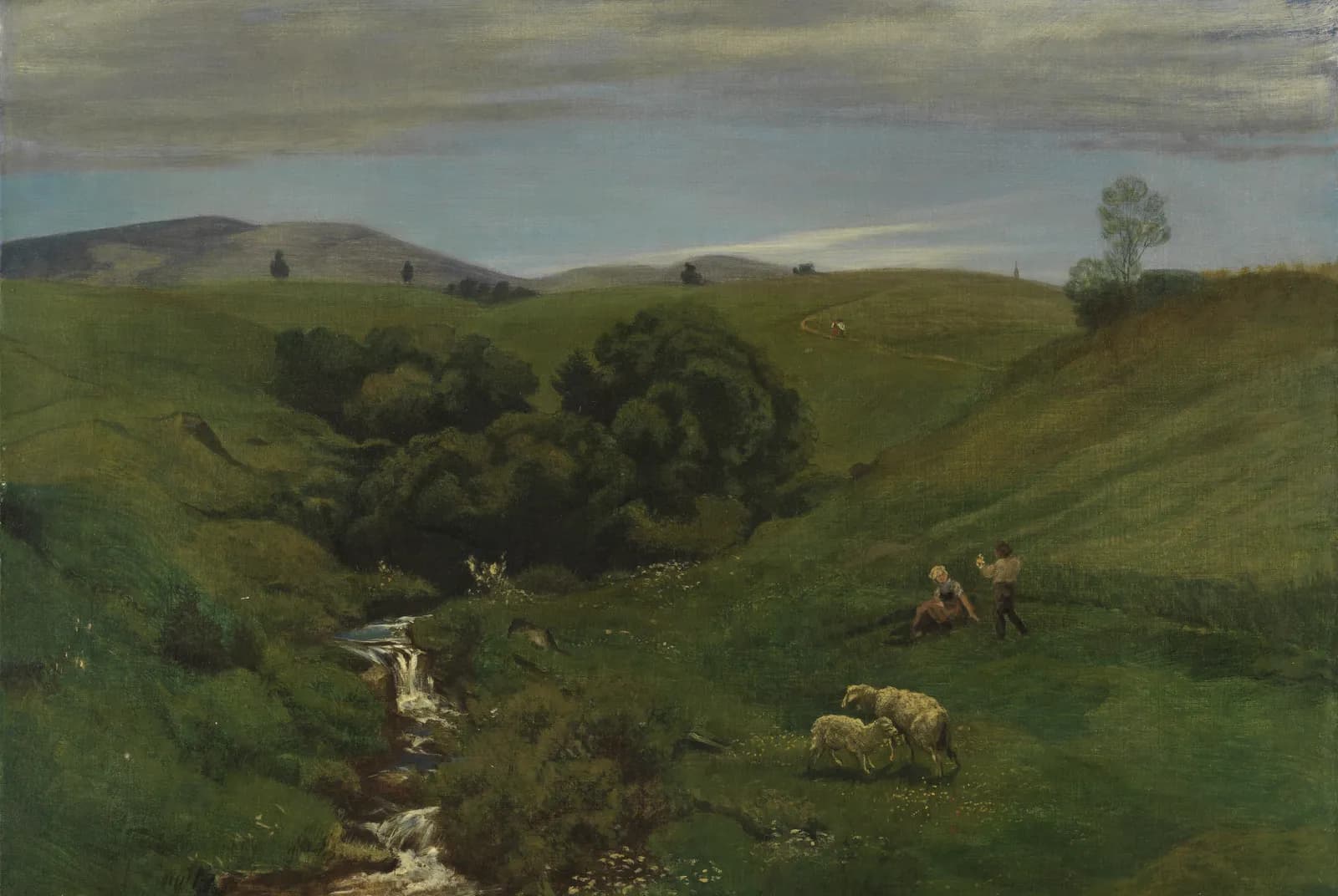 Heuvelachtig landschap met beek en schapen – Hans Thoma