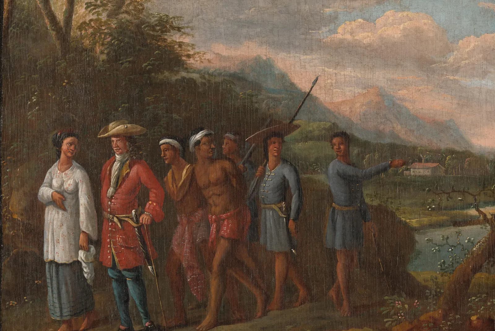 Hollandse koopman met slaven in heuvellandschap