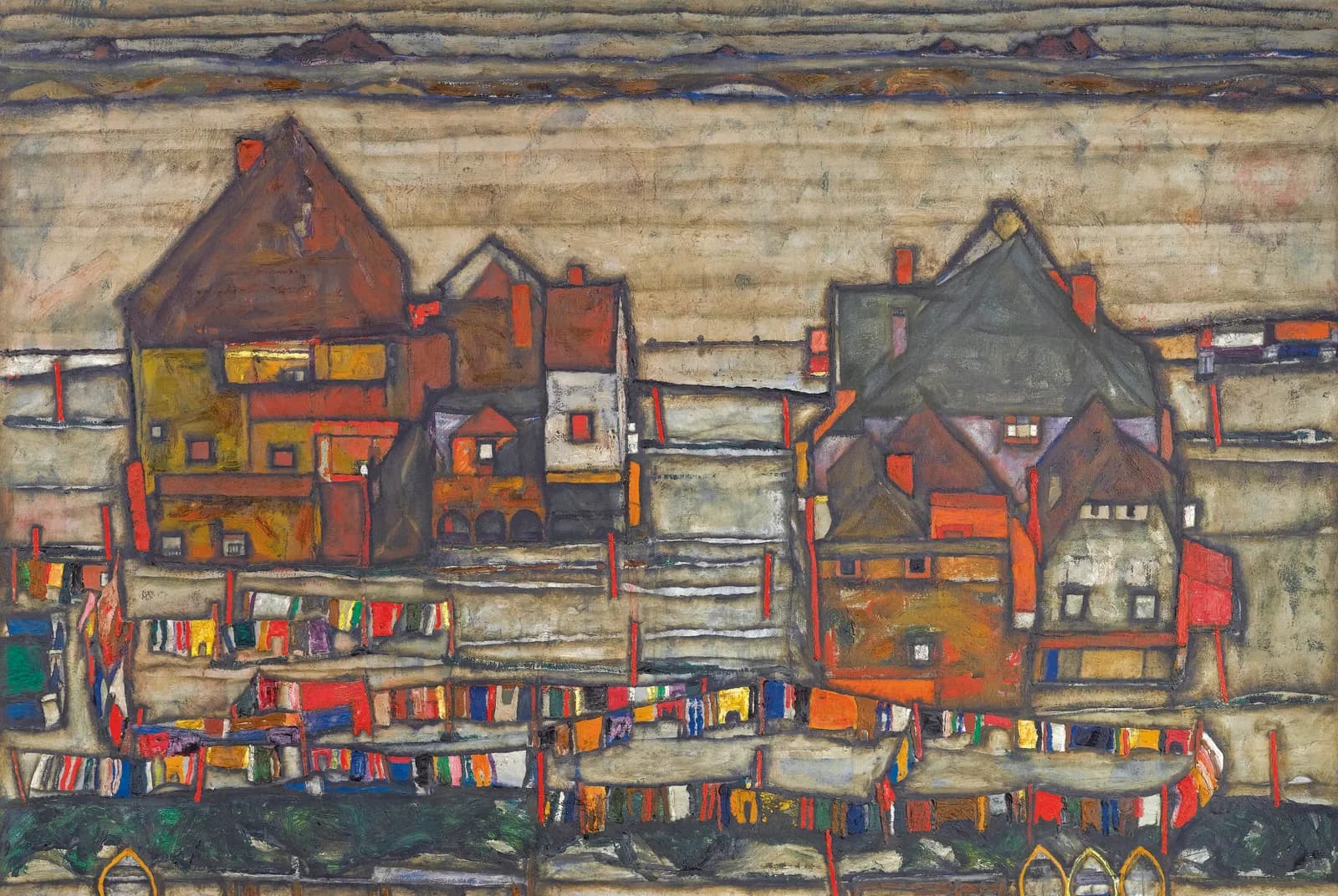 Huizen met wasgoed (Voorstad II) – Egon Schiele