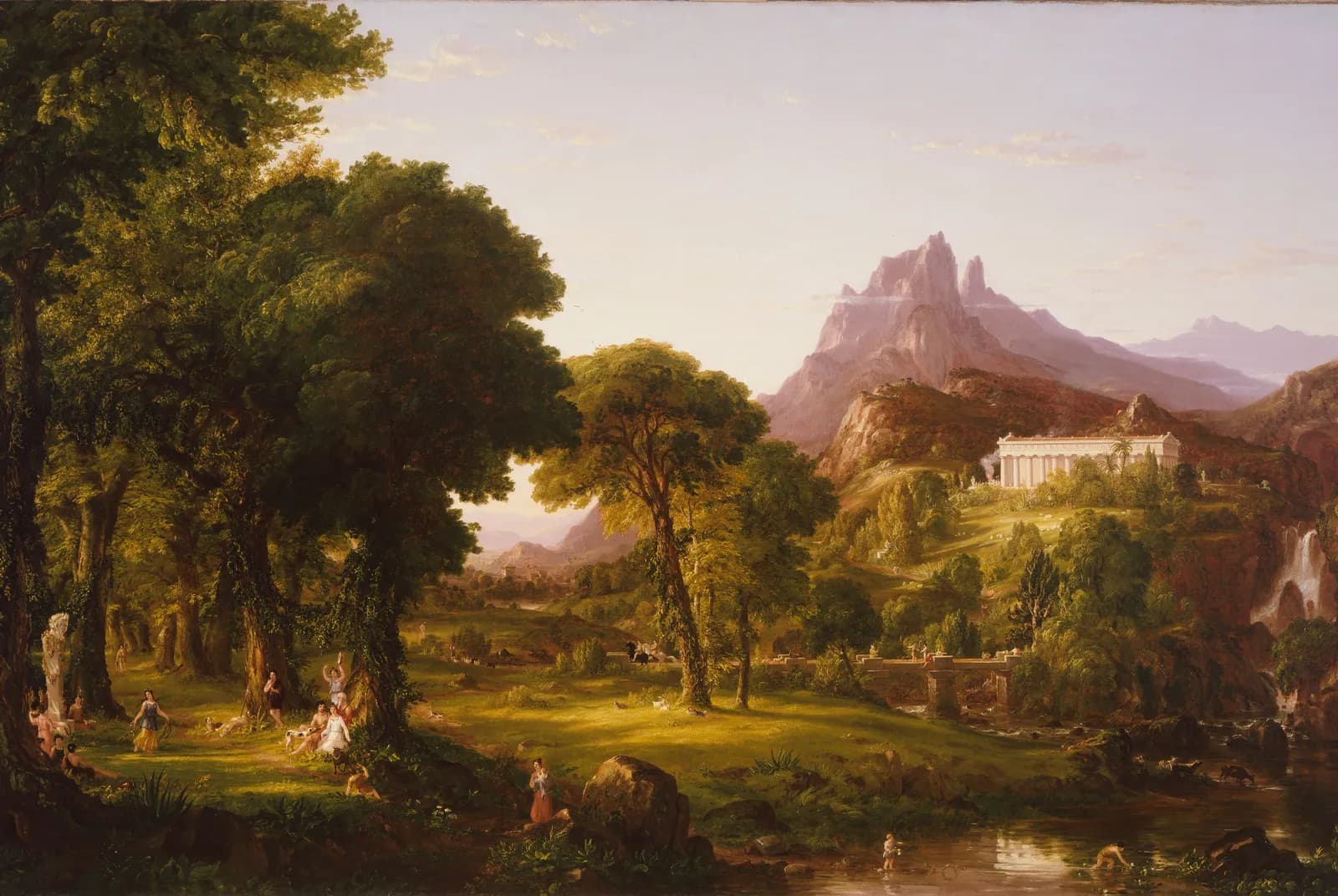 Idyllisch landschap met tempel en figuren – Thomas Cole