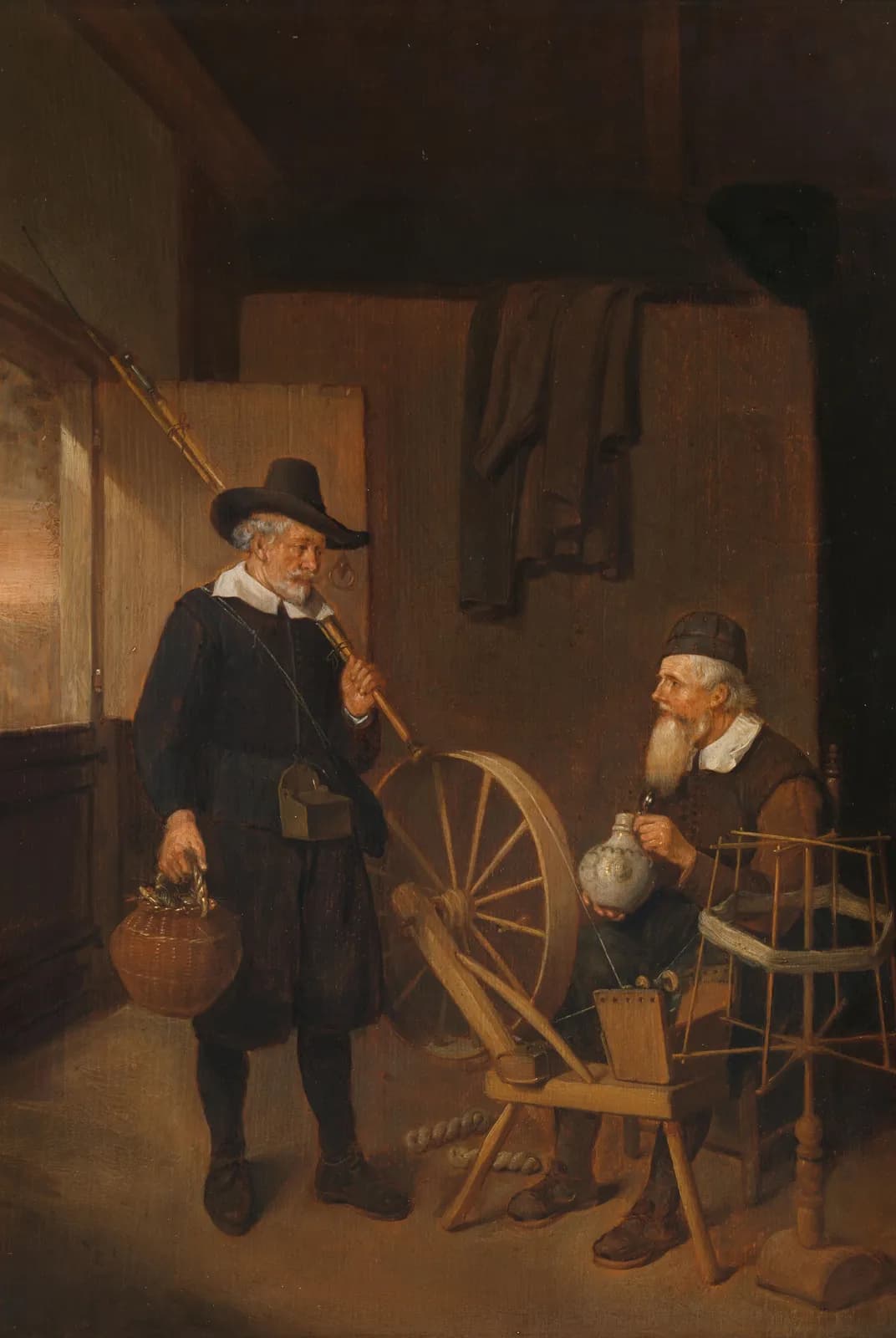 Interieur met hengelaar en man bij spoelrad en haspel – Brekelenkam