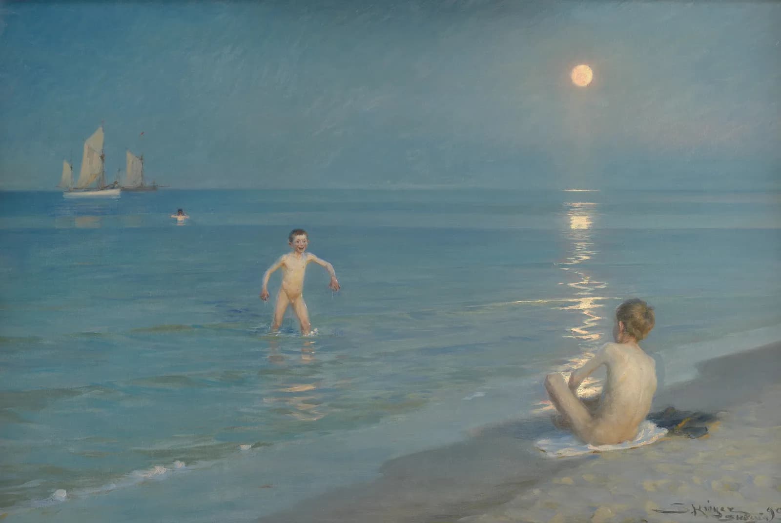 Jongens die zwemmen bij Skagen, zomeravond – Peder Severin Krøyer