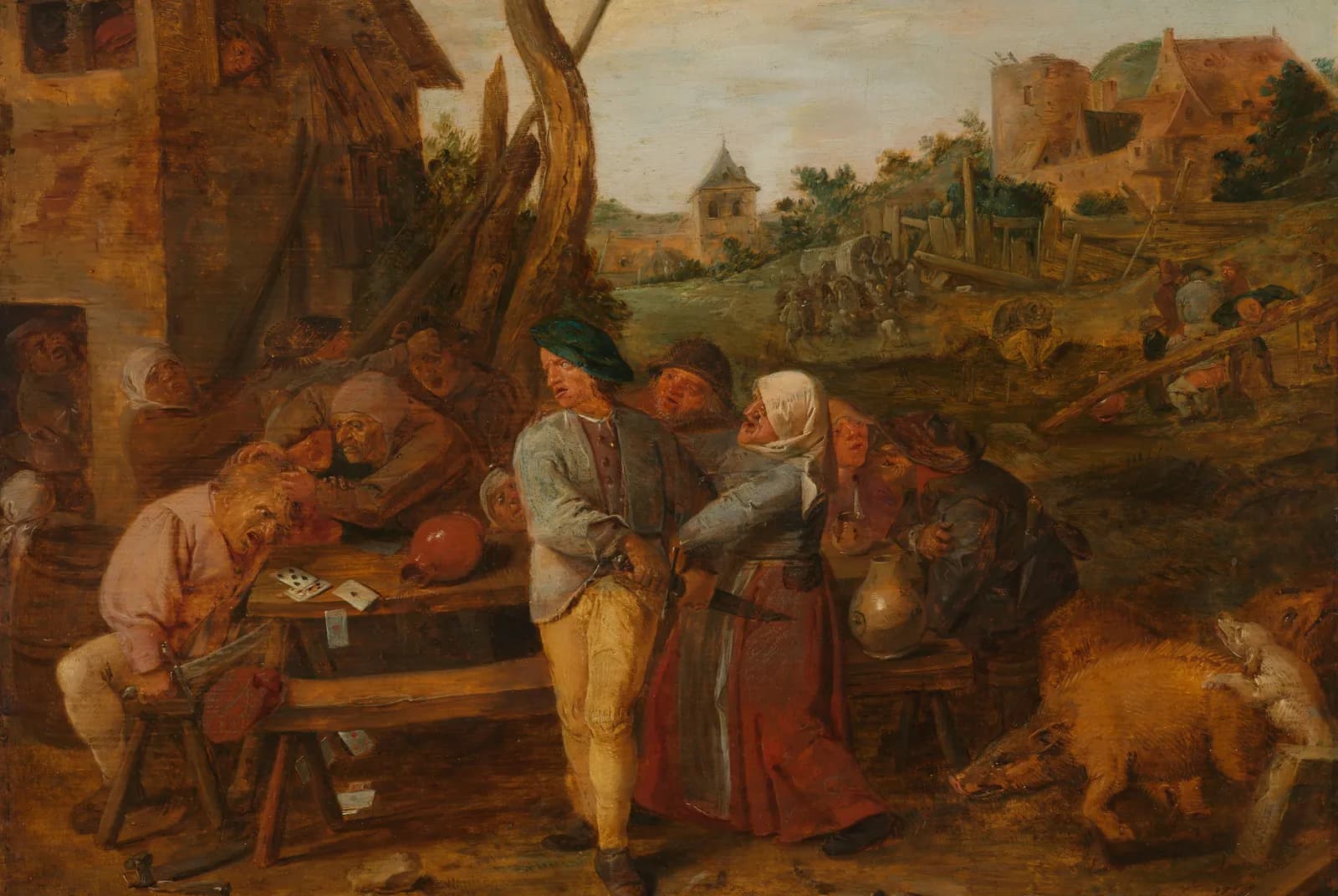 Kaartspelers in een vechtpartij bij een dorpsherberg – Adriaen Brouwer