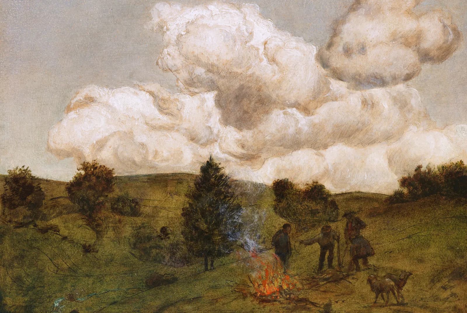 Landschap met herders en kampvuur – Hans Thoma