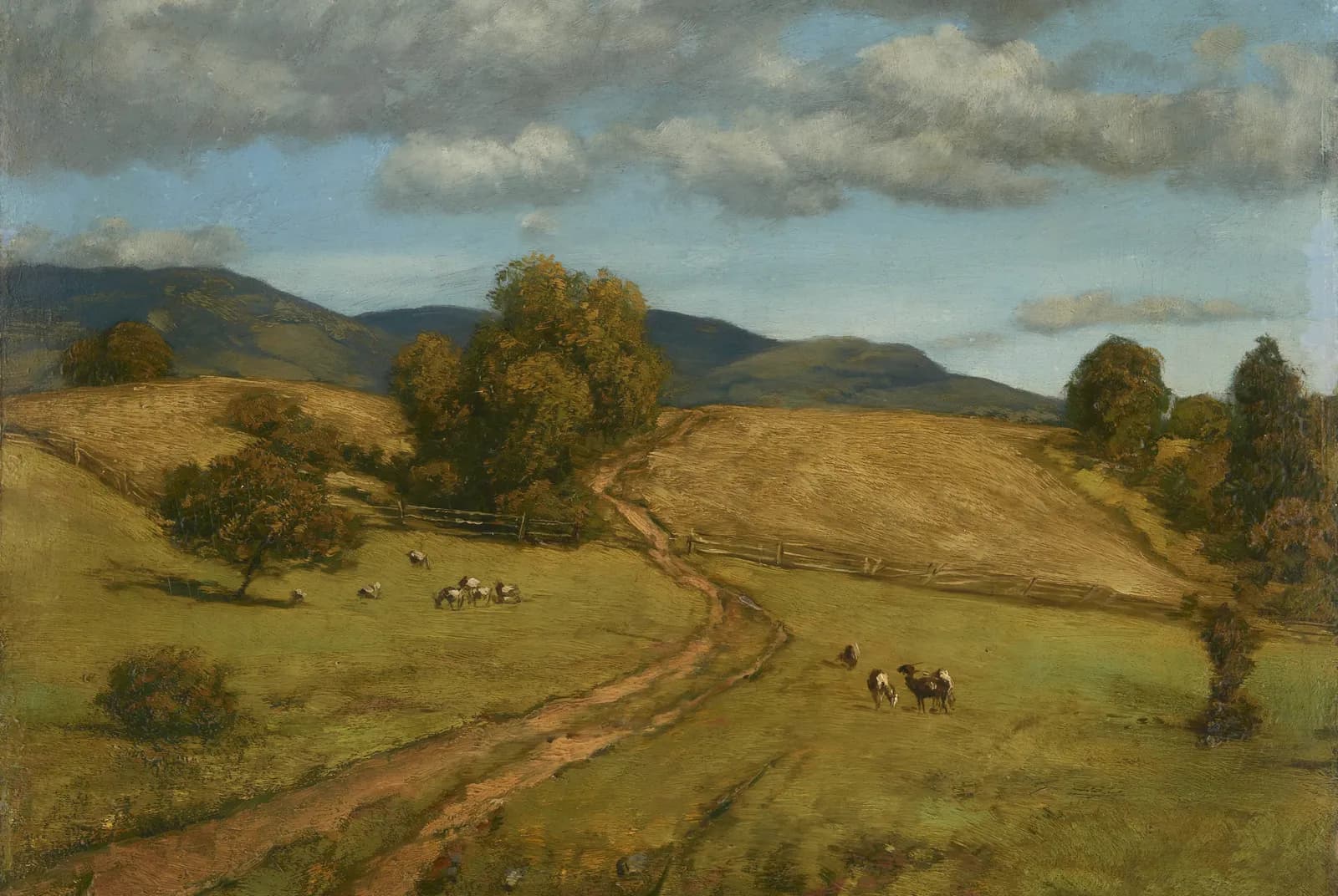 Landweg met schapen in de heuvels – Hans Thoma
