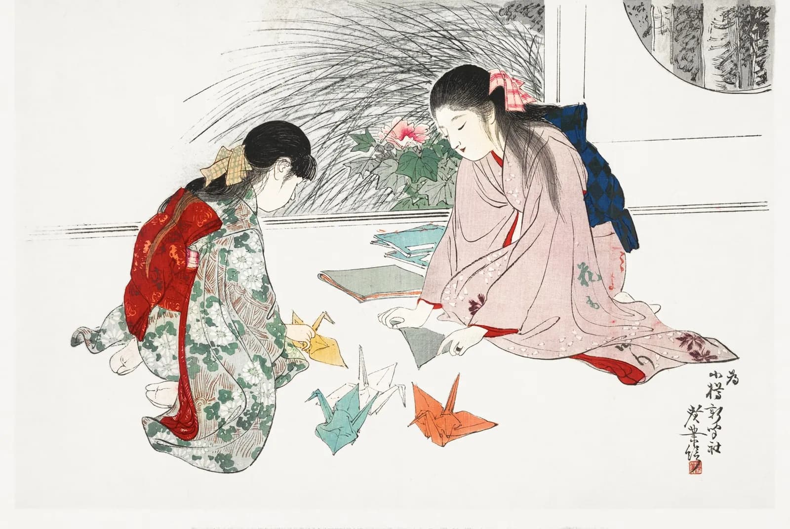 Meisjes vouwen papieren kraanvogels – Terazaki Kōgyō