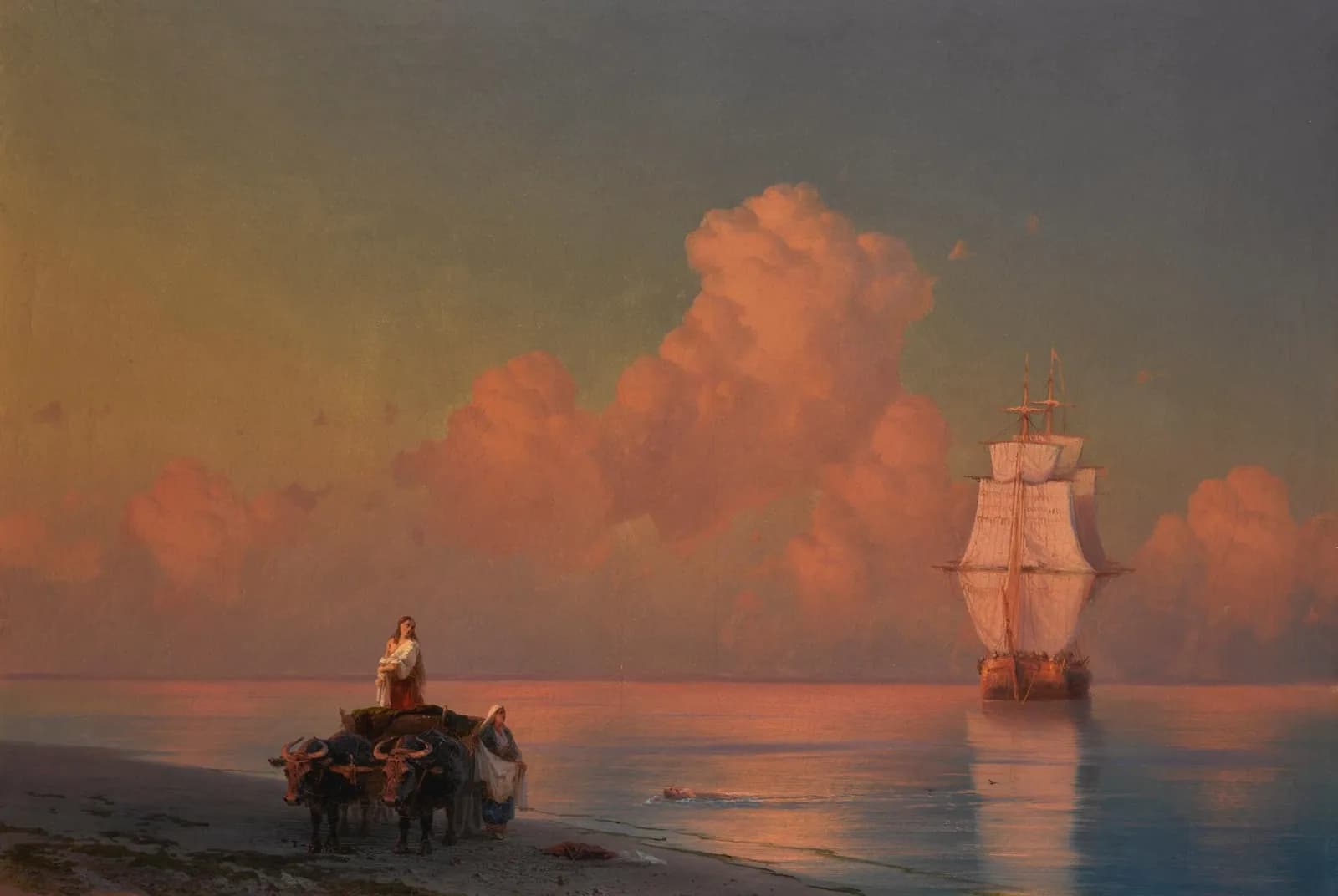 Ossenkar aan de kust met zwemmer in het ondiepe – Ivan Aivazovsky