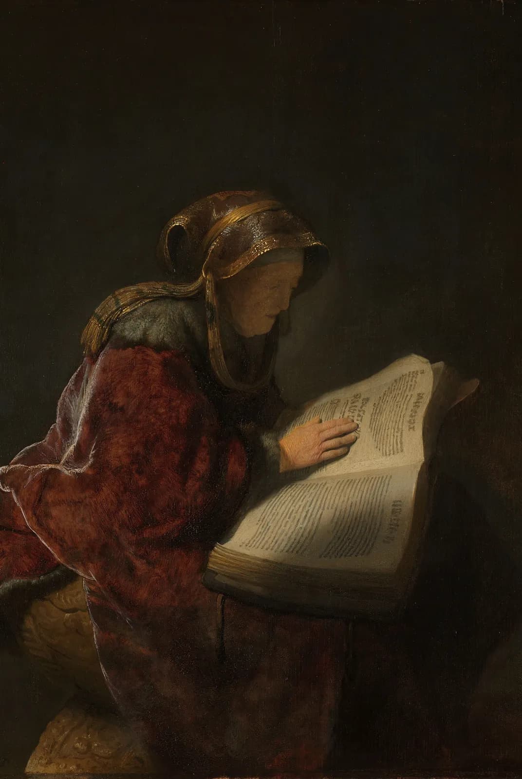 Oude vrouw lezend, waarschijnlijk de profetes Hanna – Rembrandt van Rijn