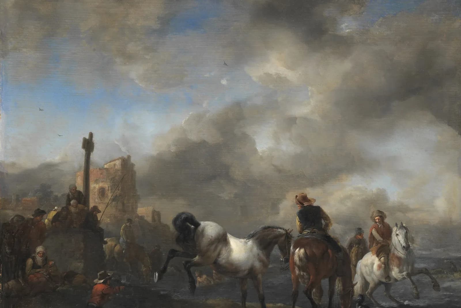 Paardenwedstrijd bij een grenspaal – Philips Wouwerman