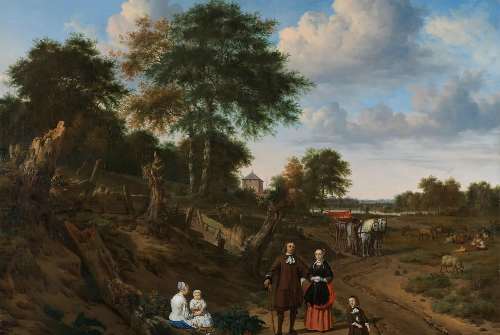 Portret van een echtpaar met twee kinderen en een min in een landschap – Adriaen van de Velde