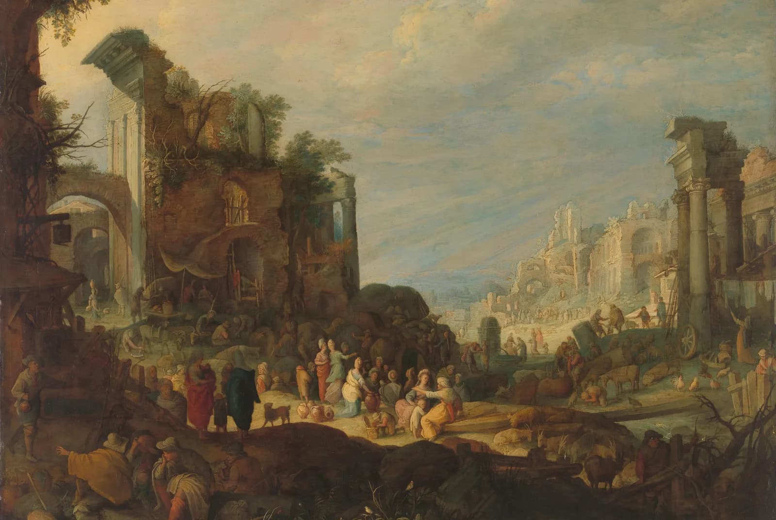 Reizigers tussen Romeinse ruïnes met Rebekka en Eliëzer bij de bron – Paul Bril