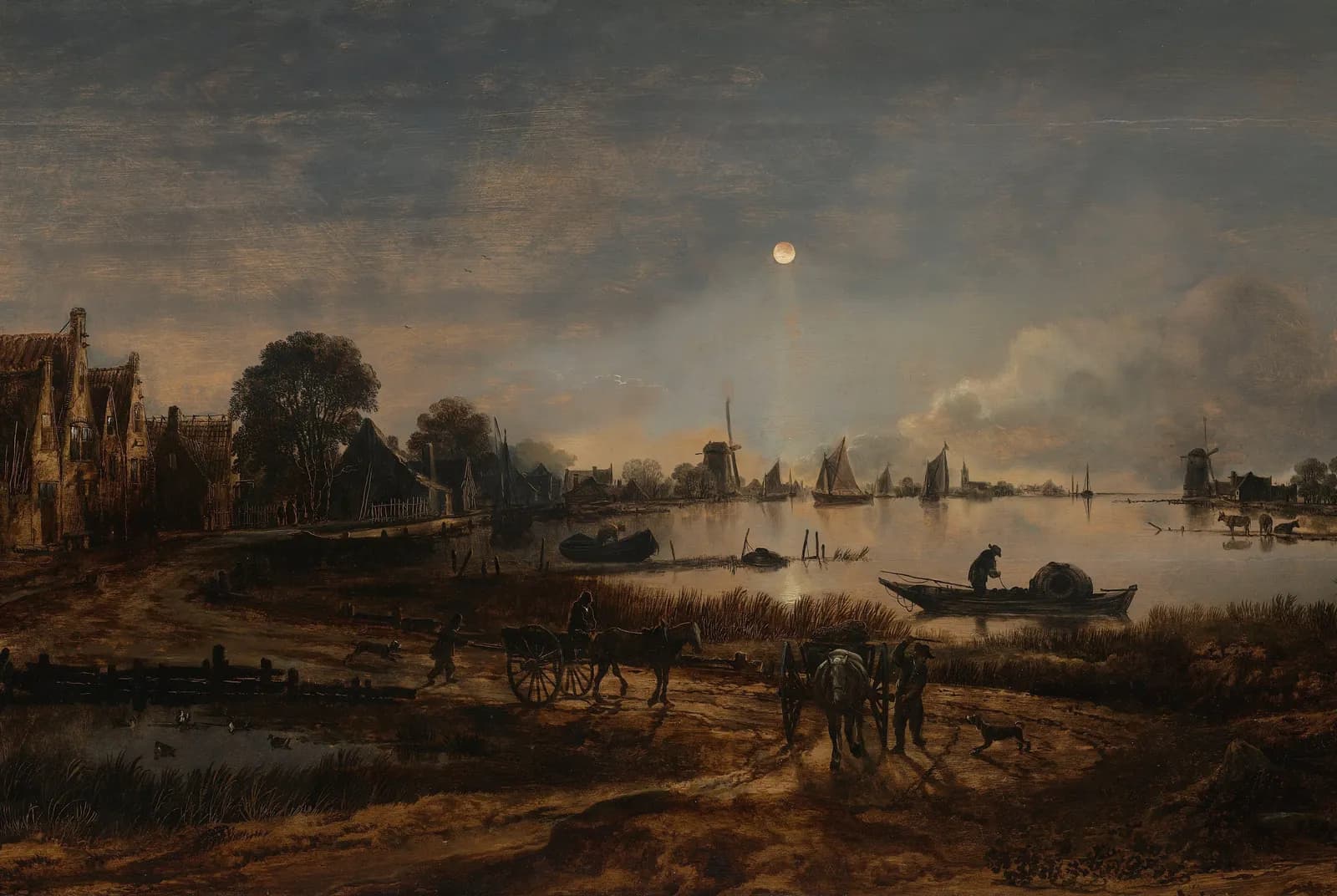 Riviergezicht bij maanlicht met paard en wagen – Aert van der Neer