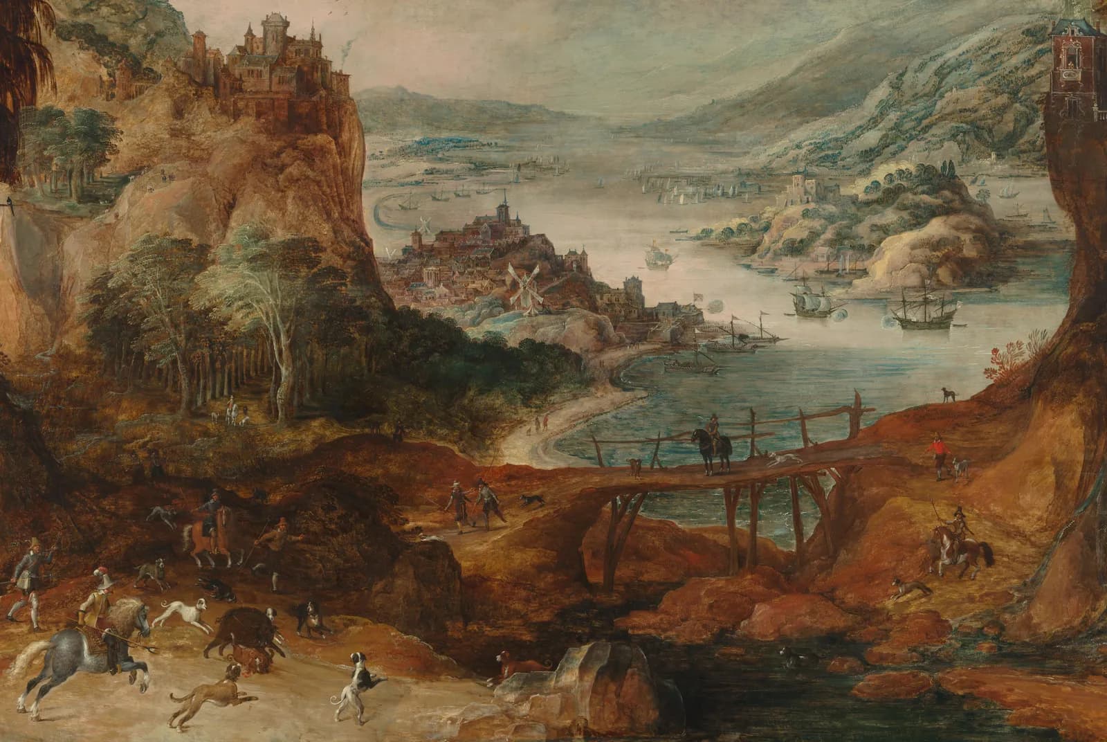Rivierlandschap met everzwijnjacht – Jodocus de Momper (II)