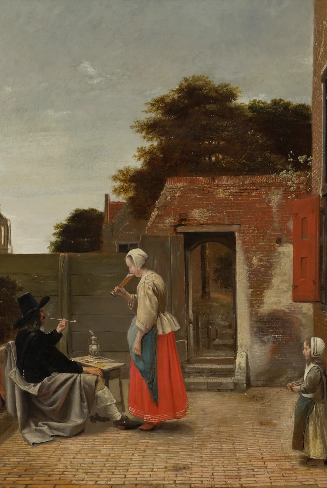 Rokende man en drinkende vrouw op een binnenplaats – Pieter de Hooch