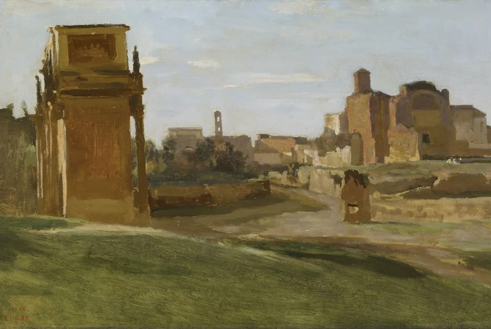 Romeinse ruïnes onder een lichte hemel – Jean-Baptiste-Camille Corot
