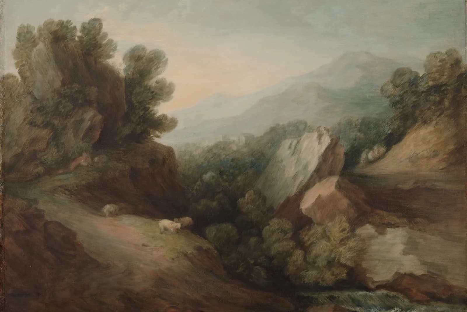 Rotsachtig boslandschap met een dal en een stuw – Thomas Gainsborough