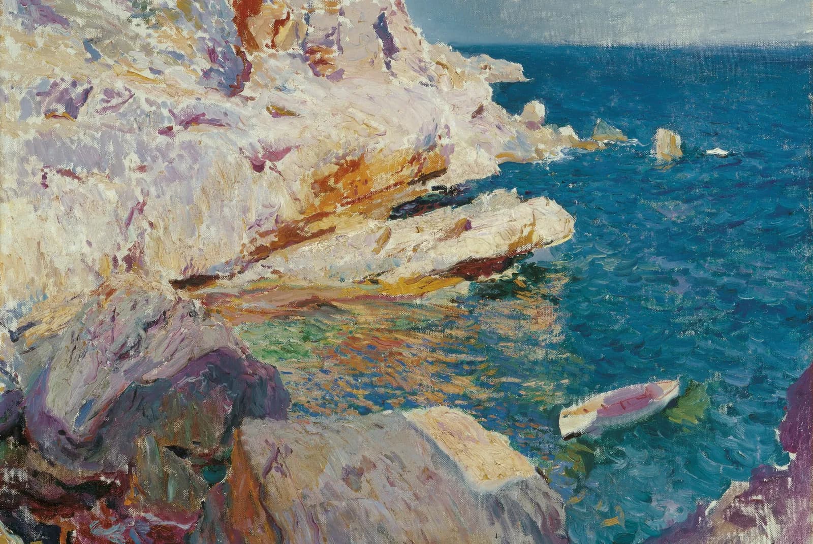 Rotsen bij Jávea en de witte boot – Joaquín Sorolla