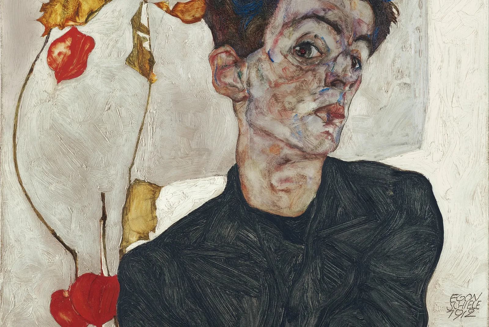 Zelfportret met lampionplant – Egon Schiele