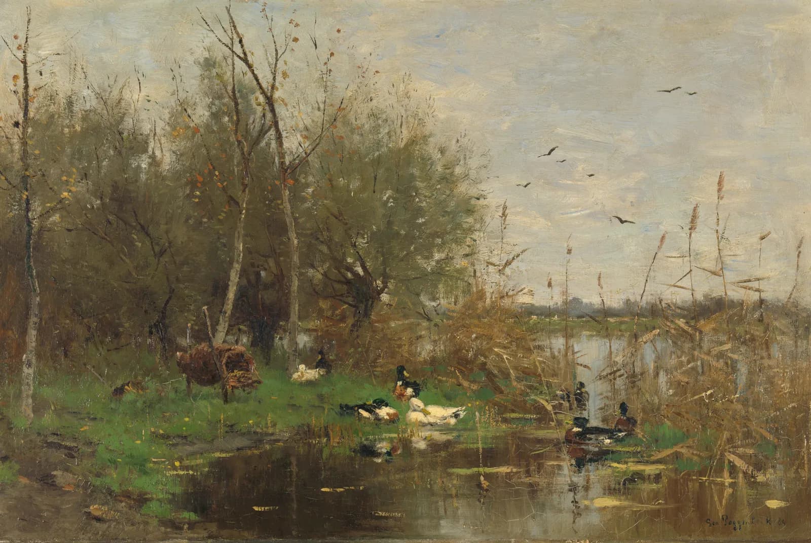Slootrand met eenden bij een eendenkorf – George Jan Hendrik Poggenbeek