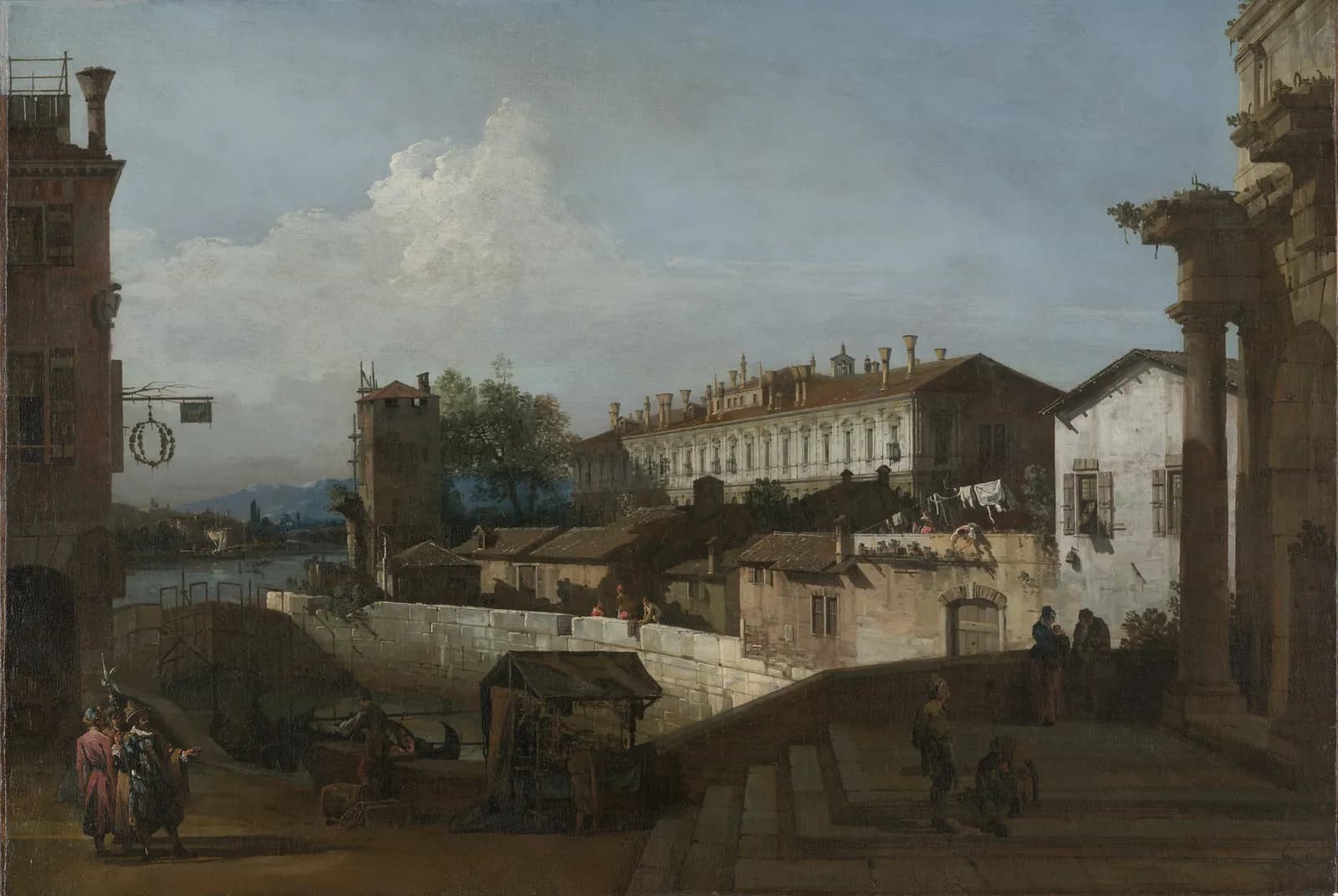Stadsgezicht aan de rivier met brug – Bernardo Bellotto