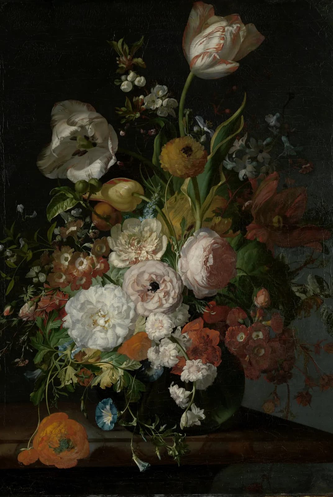 Stilleven met bloemen op een marmeren tafelblad – Rachel Ruysch