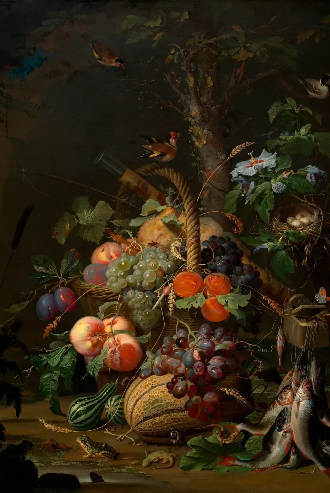 Stilleven met fruit, vissen en vogels – Abraham Mignon