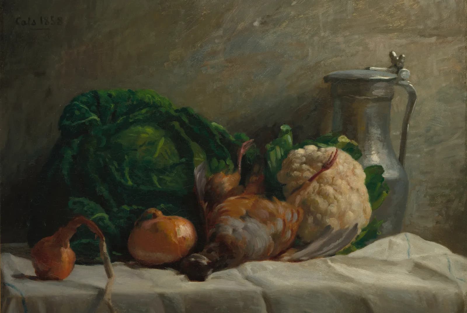 Stilleven met groenten, patrijs en een kruik – Adolphe-Félix Cals