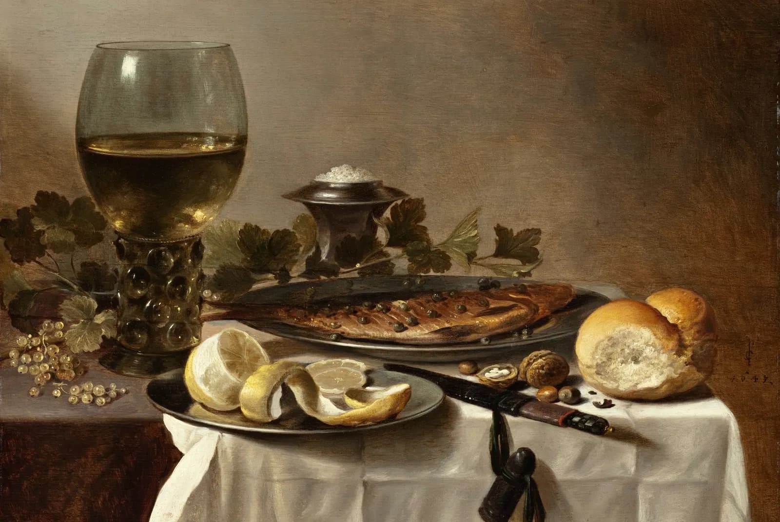 Stilleven met haring, wijn en brood – Pieter Claesz
