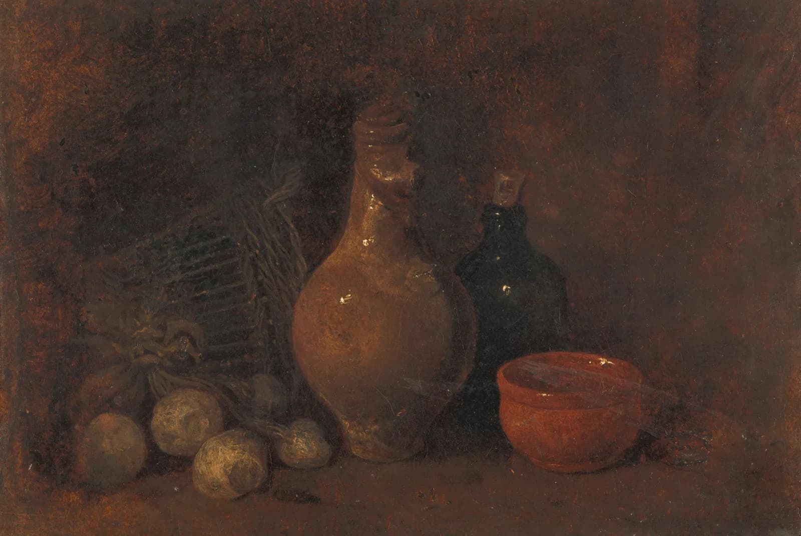 Stilleven met vier vruchten, glas en aardewerk – Bonvin