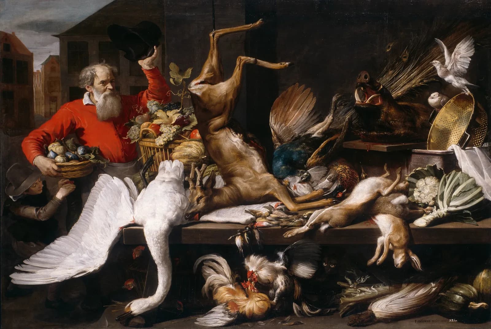 Stilleven met wild, fruit en groenten op de markt – Frans Snyders