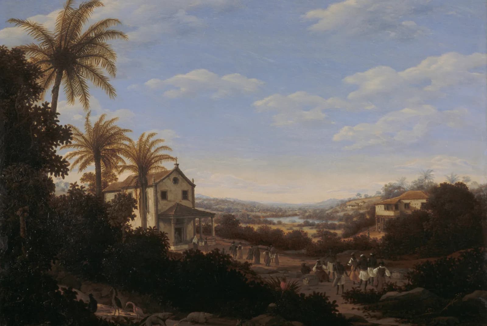 Tropisch dorpsgezicht met palmbomen – Frans Post