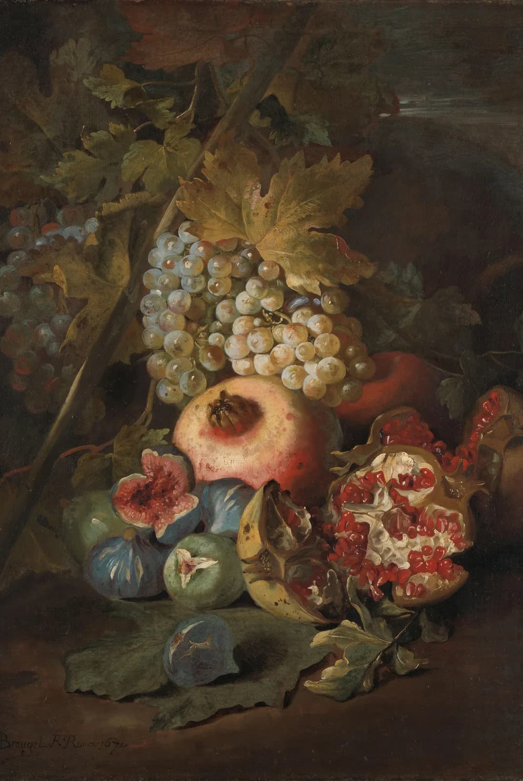 Trossen druiven, granaatappels en vijgen in een landschap – Breughel
