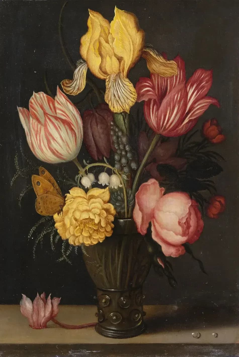 Tulpen, iris, roos en lelietje in een roemer – Ambrosius Bosschaert