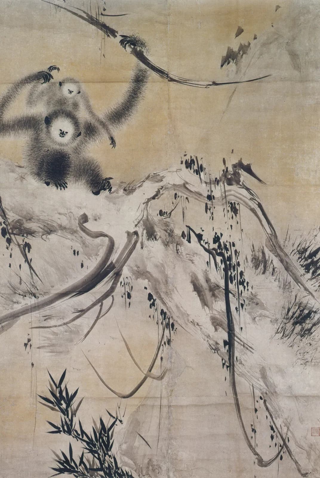 Twee apen boven de bamboe – Hasegawa Tohaku