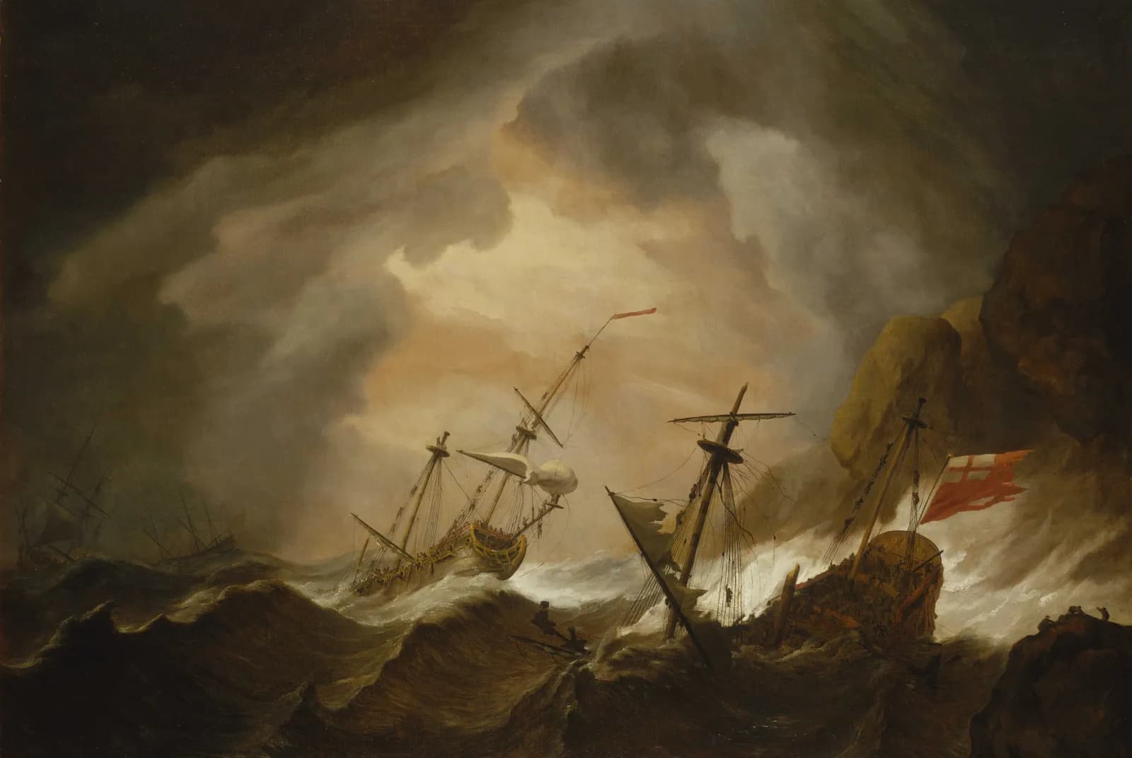 Twee Engelse schepen vergaan in een storm op een rotskust – Willem van de Velde