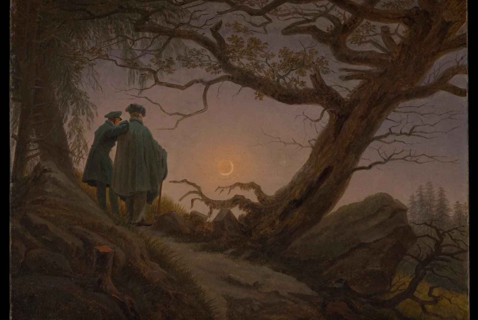 Twee mannen die de maan beschouwen – Caspar David Friedrich