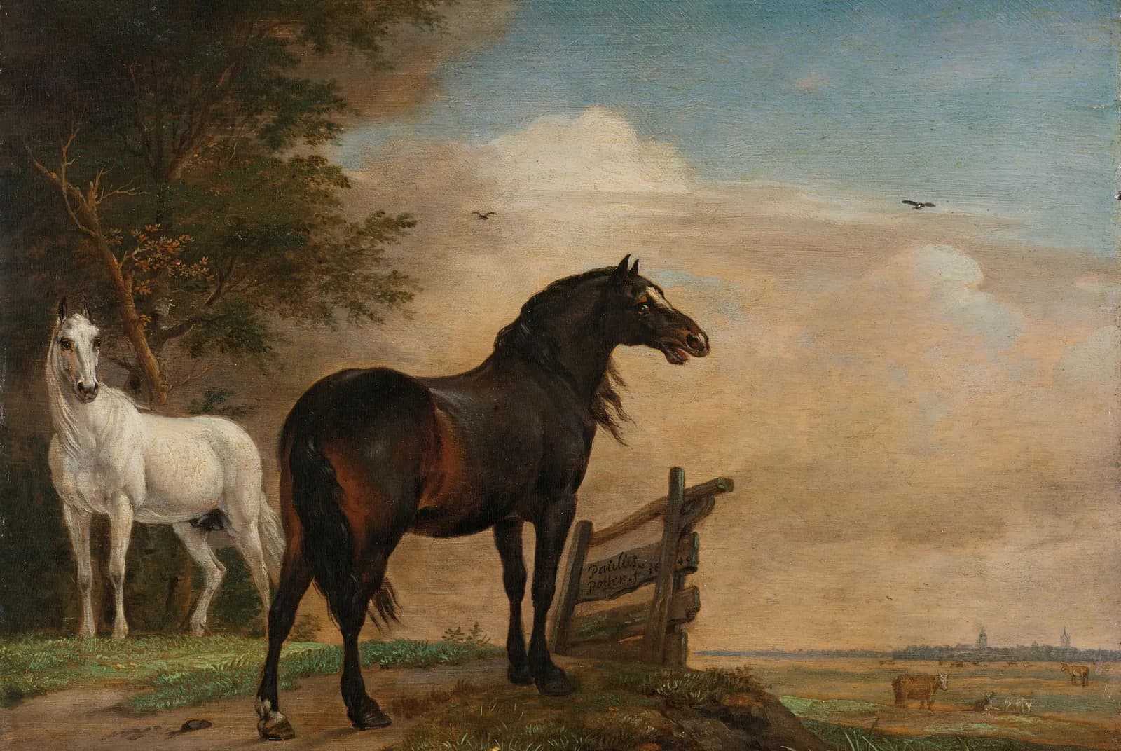 Twee paarden bij een hek in de wei – Paulus Potter