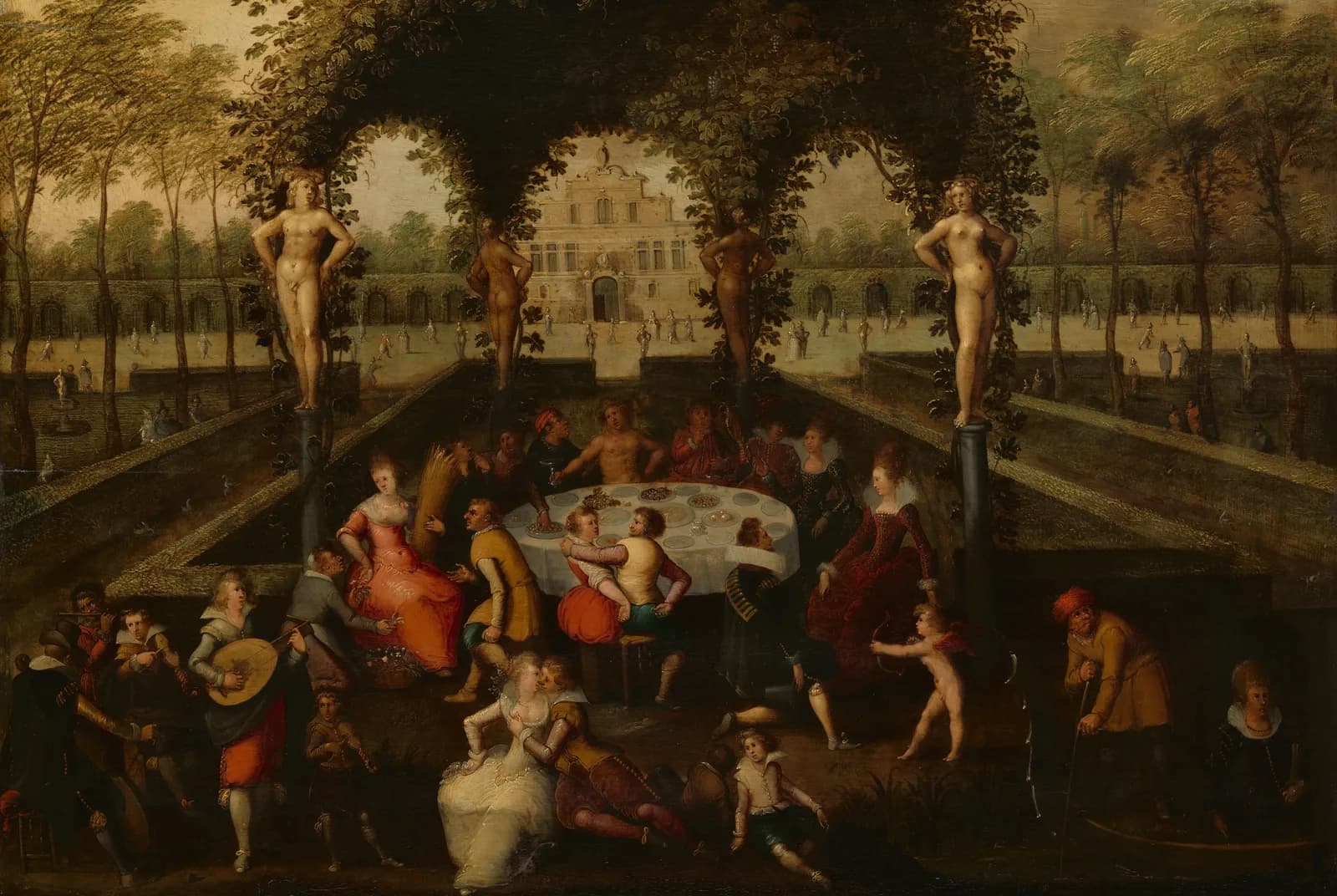 Venus, Bacchus en Ceres met stervelingen in een minnetuin – Caullery