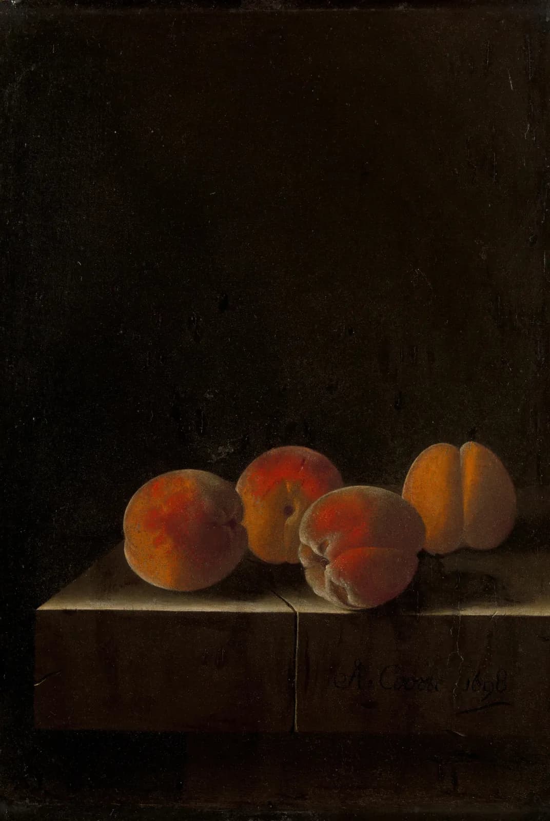 Vier abrikozen op een stenen plint – Adriaen Coorte