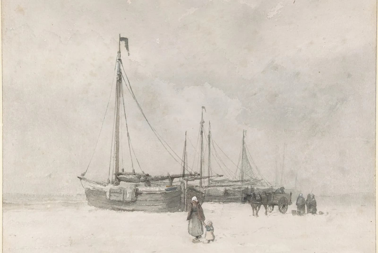 Vissersschepen op het strand in de winter – Anton Mauve