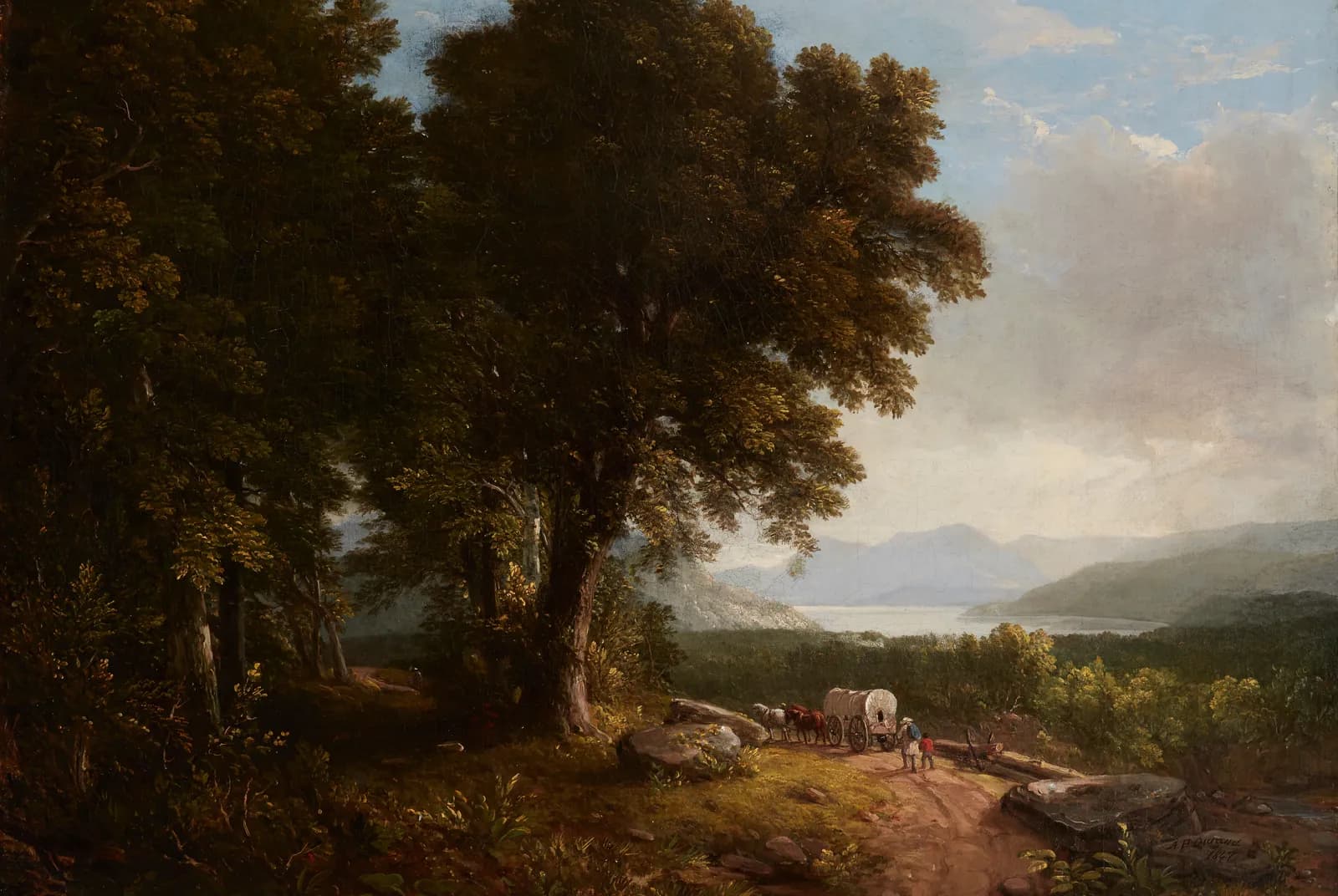 Wagen op bospad met bergmeer – Asher Brown Durand