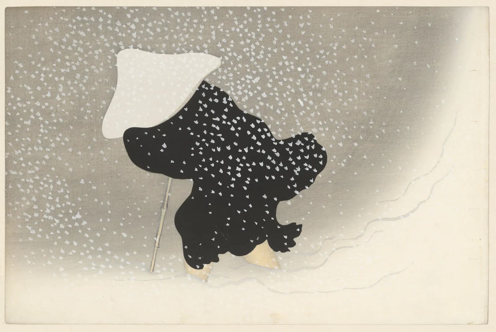 Wandelaar met hoed in dwarrelende sneeuw – Kamisaka Sekka