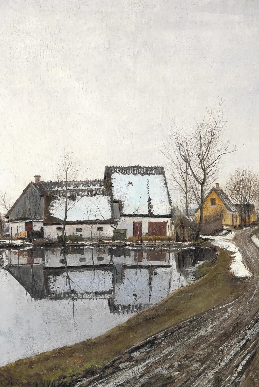Winterdag bij dooi met spiegelende huizen – Laurits Andersen Ring
