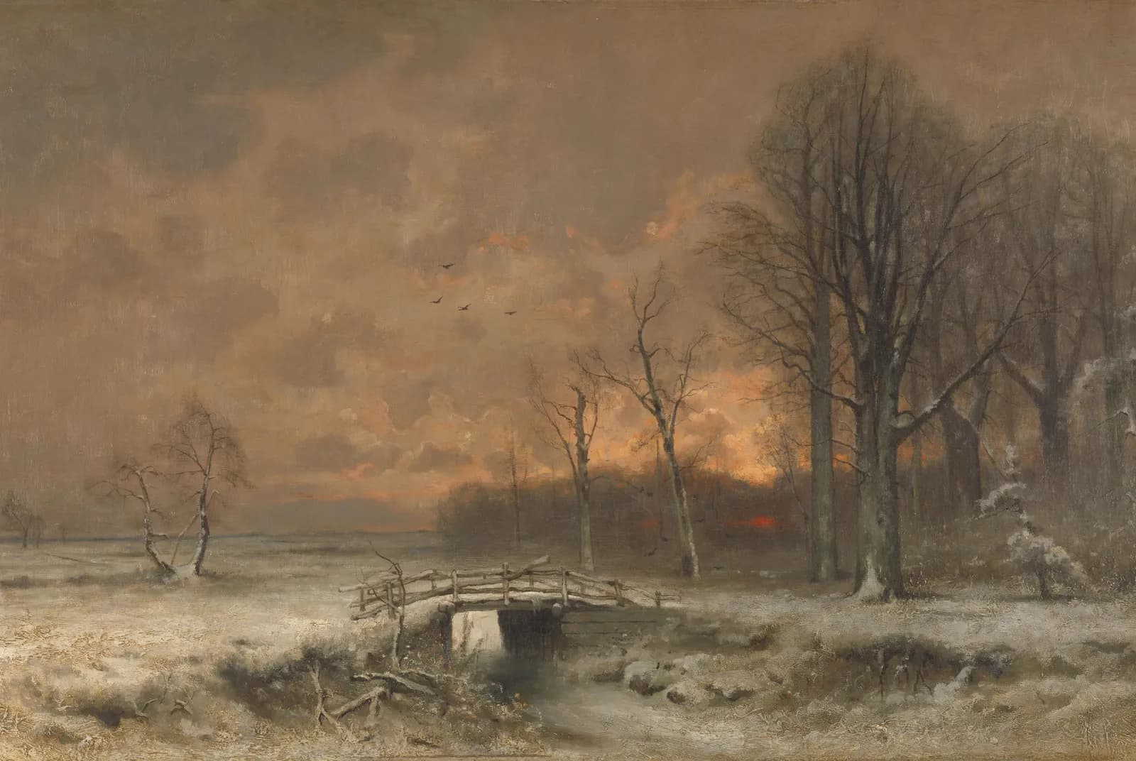 Wintergezicht met ondergaande zon tussen het geboomte – Apol
