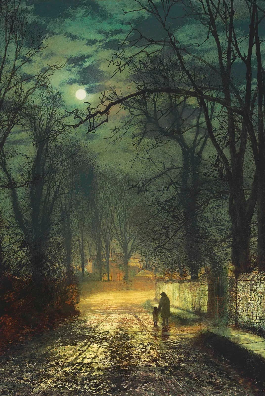 Winternacht met maanlicht (besneeuwde laan) – John Atkinson Grimshaw
