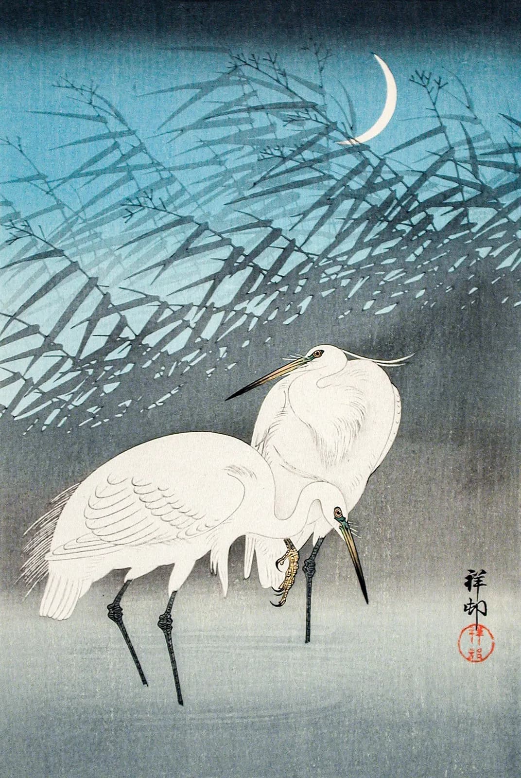 Zilverreigers in het riet bij maanlicht – Ohara Koson